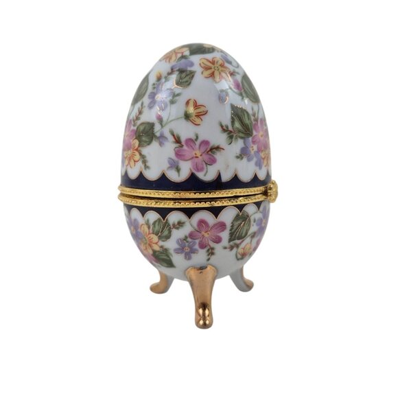 Egg Trinket Box Vintage Floral Porcelain Gold Accents Hinged Lid Tripod Legs - Picture 6 of 10